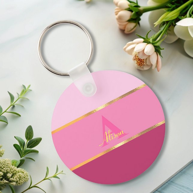 chic girly modern pink gold MONOGRAM name  Keychain (Creator Uploaded)