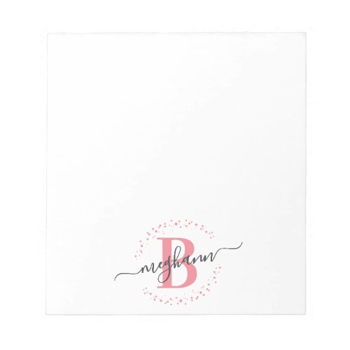 Chic Girly Modern White Pink Name Script Monogram Notepad