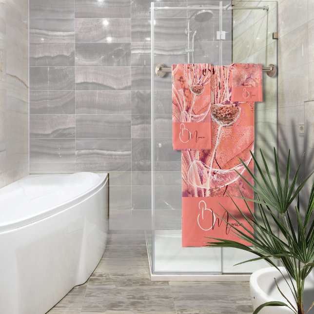 Chic Girly Peach Pink Flowers Monogram Bath Towel Set (Chic Girly Peach Pink Flowers Monogram Bath Towel Set)