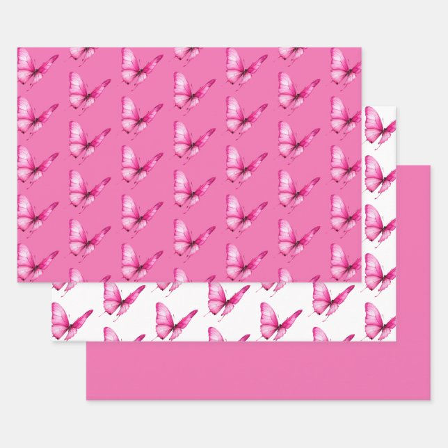 Chic Girly Pink Butterflies Birthday Wrapping Paper Sheets (Set)