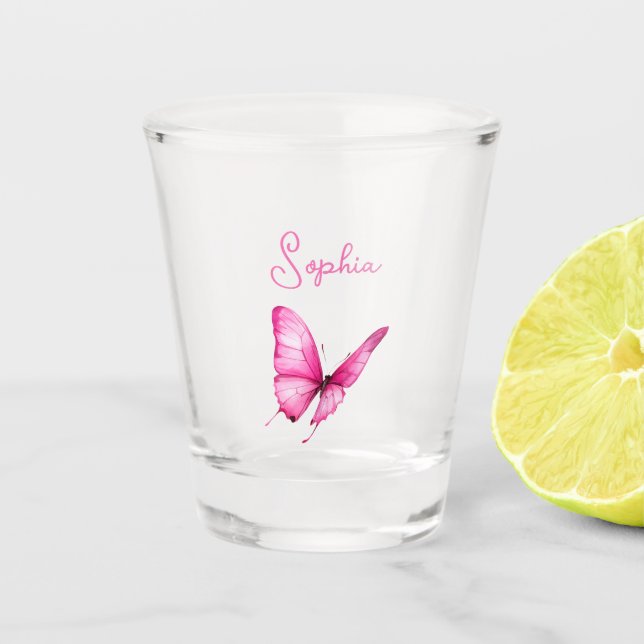 Chic Girly Pink Butterfly Shot Glass (Front)