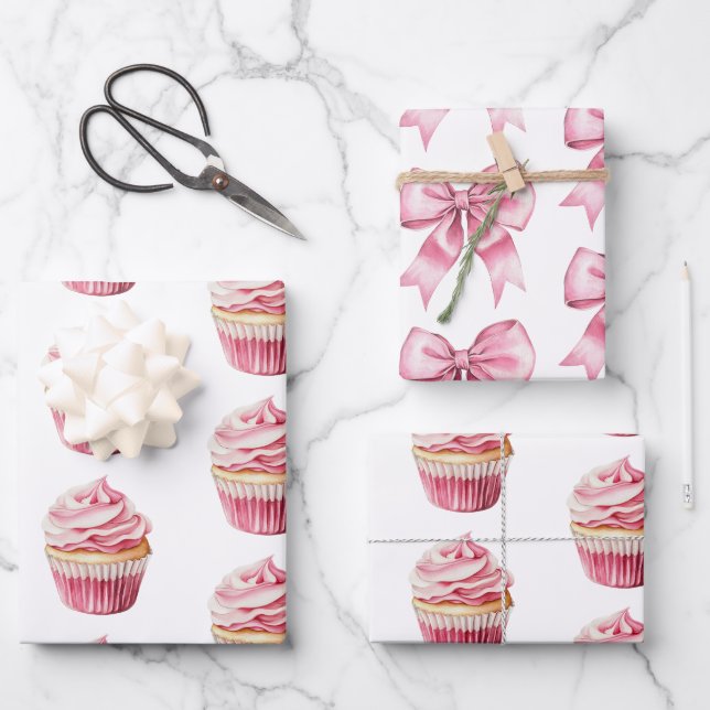 Chic Girly Pink Cupcake Birthday Wrapping Paper Sheets (Front)