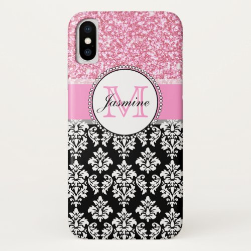 Chic Girly Pink Faux Glitter Black Damask Monogram iPhone XS Case