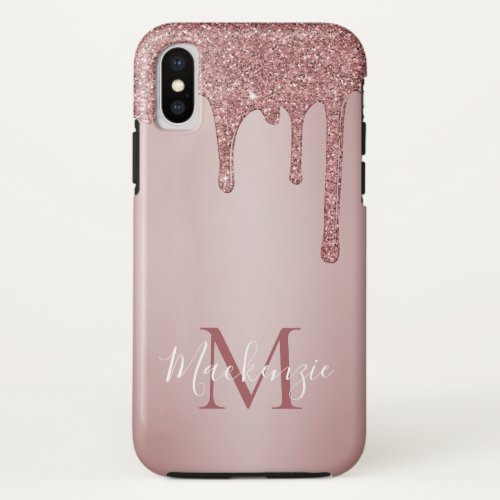 Chic Girly Pink Glitter Drips Monogram iPhone XS Case
