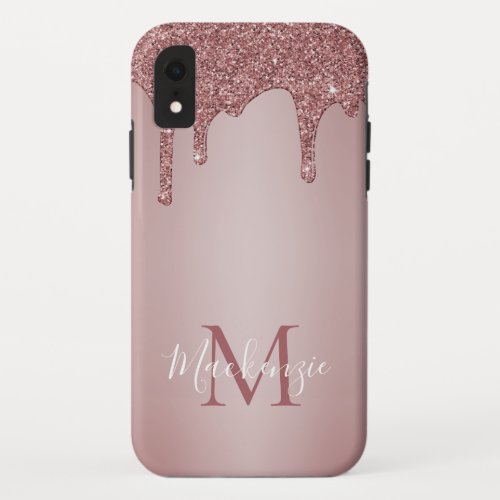 Chic Girly Pink Glitter Drips Monogram iPhone XR Case
