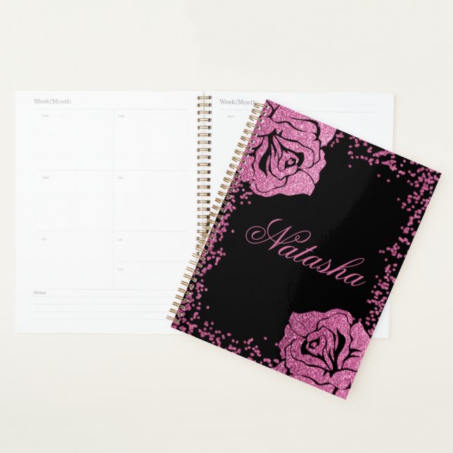 Chic Girly Pink Glitter Rose Black Personalized Planner (Display)