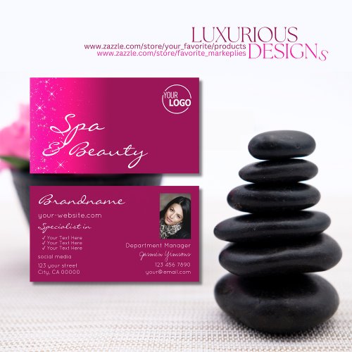 Chic Girly Pink Glitter Stars with Logo and Photo Business Card