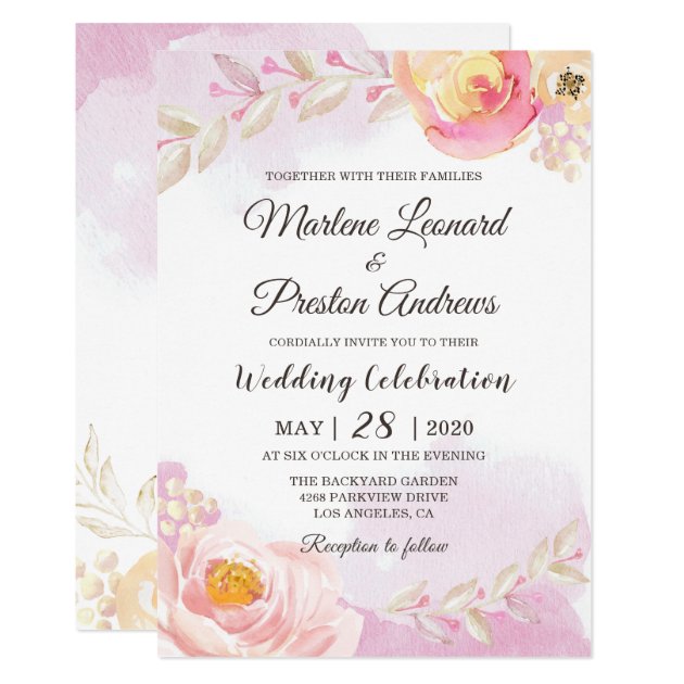 Chic Girly Pink & Gold Floral Watercolor Wedding Invitation