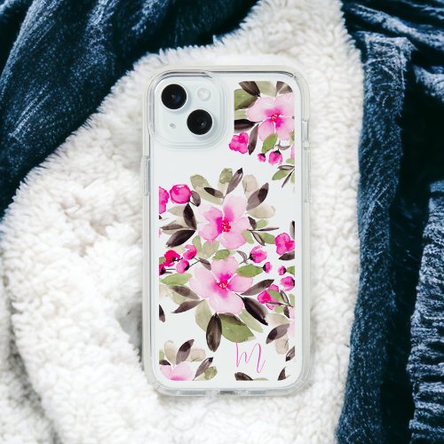 Chic girly pink green floral watercolor monogram iPhone 15 plus case
