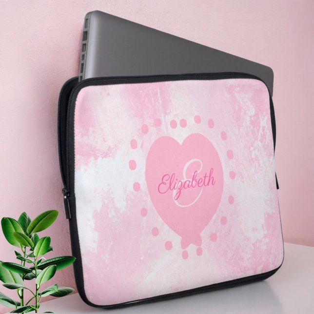 Chic Girly Pink Heart Monogram Initial Watercolor Laptop Sleeve (Angled open neoprene laptop case. Laptop not included.)