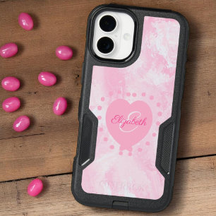 Chic Girly Pink Heart Monogram Initial Watercolor iPhone 16 Plus Case