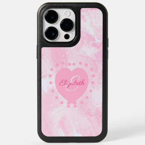 Chic Girly Pink Heart Monogram Initial Watercolor OtterBox iPhone 14 Pro Max Case