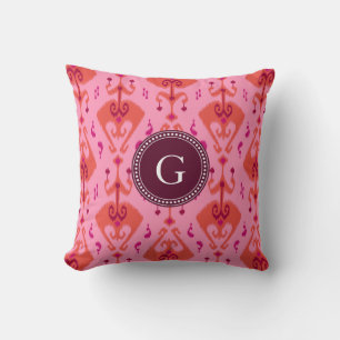 Chic girly pink ikat tribal pattern monogram throw pillow