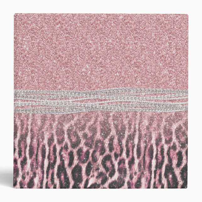 Chic Girly Pink Leopard animal print Glitter Image 3 Ring Binder (Front)