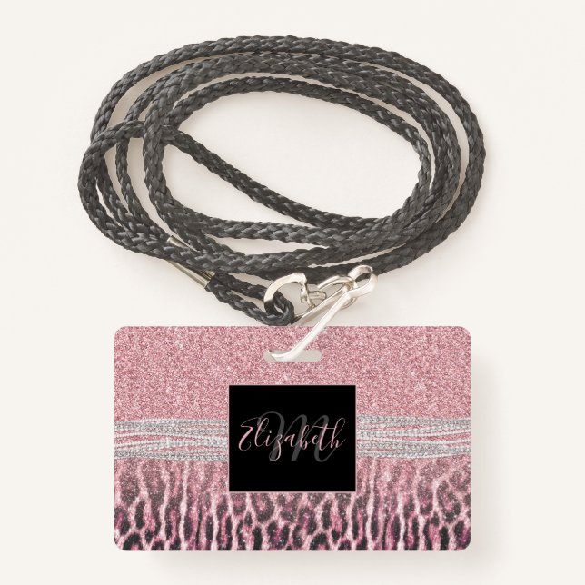 Chic Girly Pink Leopard animal print Glitter Image Badge (Front with Lanyard)