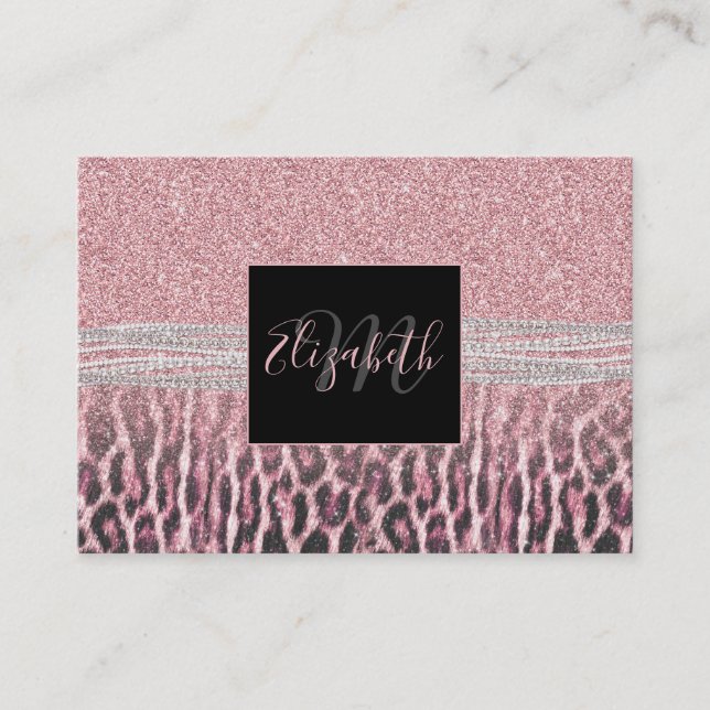 Chic Girly Pink Leopard animal print Glitter Image Business Card (Front)