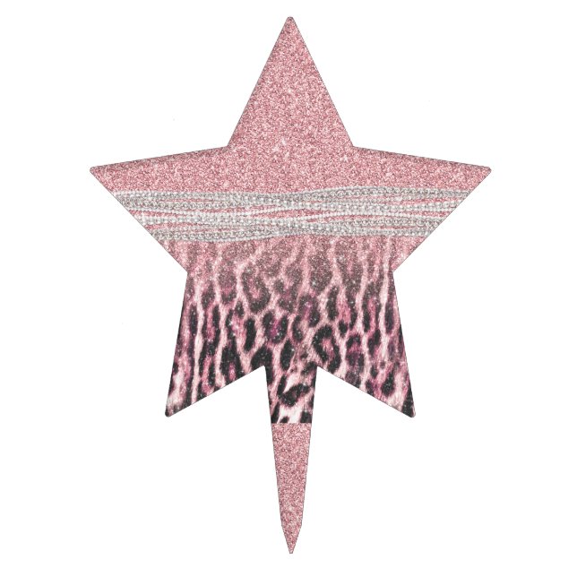 Chic Girly Pink Leopard animal print Glitter Image Cake Topper (Front)