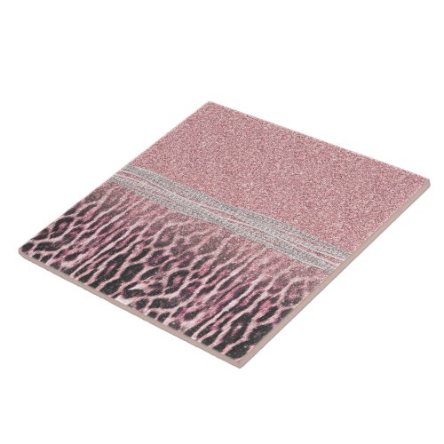 Chic Girly Pink Leopard animal print Glitter Image Ceramic Tile