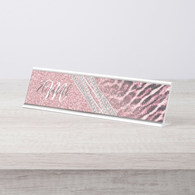 Chic Girly Pink Leopard animal print Glitter Image Desk Name Plate (Front)