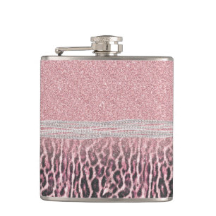 Chic Girly Pink Leopard animal print Glitter Image Flask