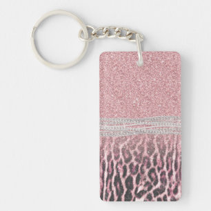 Chic Girly Pink Leopard animal print Glitter Image Keychain