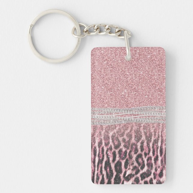 Chic Girly Pink Leopard animal print Glitter Image Keychain (Front)