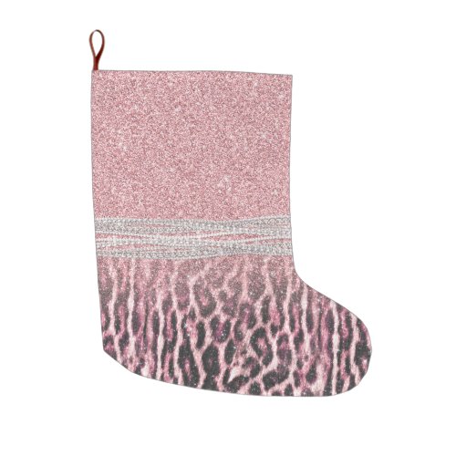 Chic Girly Pink Leopard animal print Glitter Image Large Christmas Stocking