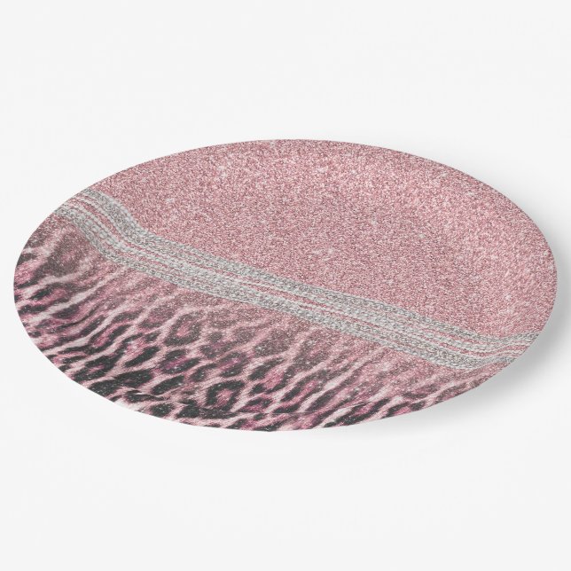 Chic Girly Pink Leopard animal print Glitter Image Paper Plates (Angled)