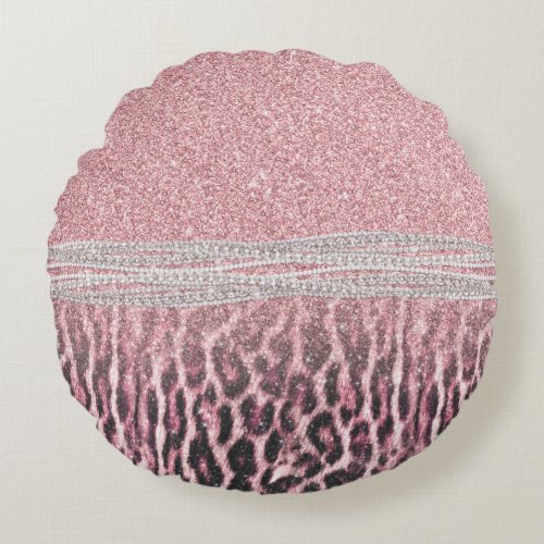 Chic Girly Pink Leopard animal print Glitter Image Round Pillow