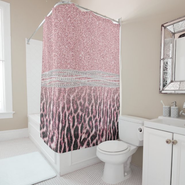 Chic Girly Pink Leopard animal print Glitter Image Shower Curtain (In Situ)