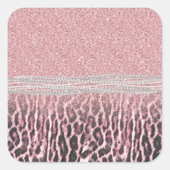 Chic Girly Pink Leopard Animal Print Glitter Image Square Sticker by Trendy_arT at Zazzle