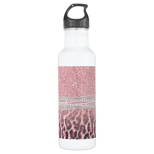 Chic Girly Pink Leopard animal print Glitter Image Stainless Steel Water Bottle