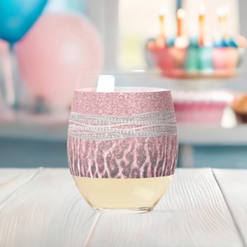 Chic Girly Pink Leopard Animal Print Glitter Image Stemless Wine Glass by Trendy_arT at Zazzle
