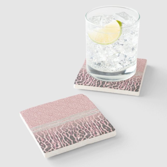 Chic Girly Pink Leopard animal print Glitter Image Stone Coaster (Side)