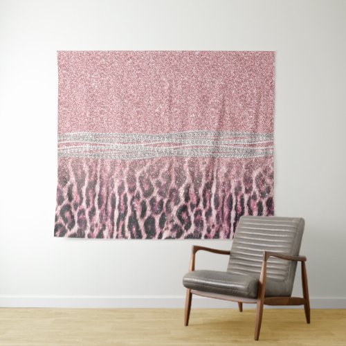 Chic Girly Pink Leopard animal print Glitter Image Tapestry