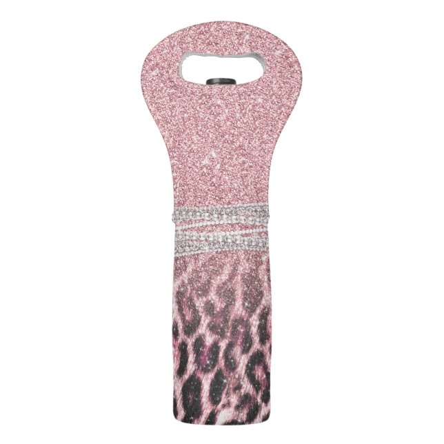 Chic Girly Pink Leopard animal print Glitter Image Wine Bag (Front)