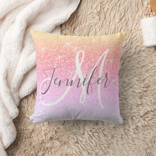 Chic Girly Pink Rainbow Glitter Name Monogram Throw Pillow (Blanket)