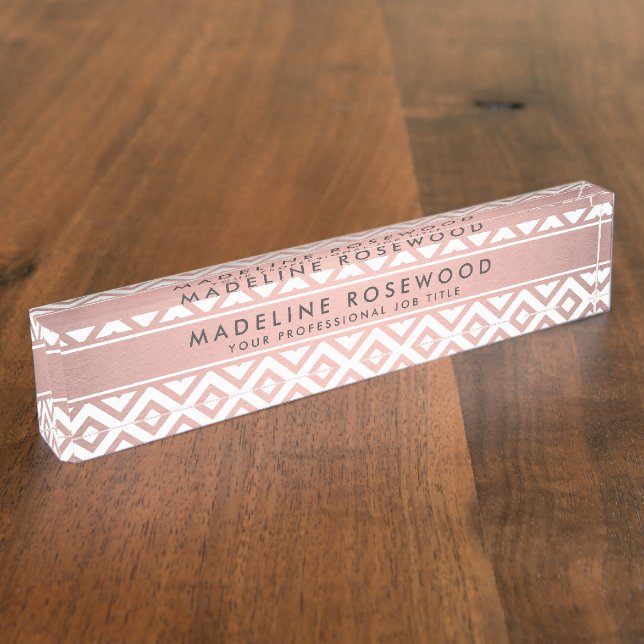 Chic Girly Pink Rose Gold Chevron Monogrammed Desk Name Plate (Side)
