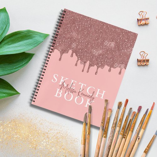 Chic Girly Pink Rose Gold Glitter Drips Sketchbook Notebook