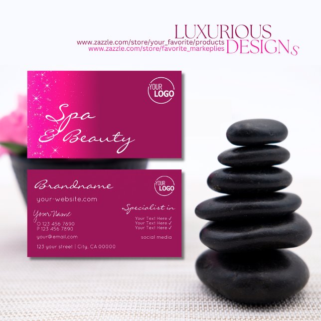 Chic Girly Pink Sparkling Glitter Stars with Logo Business Card (Creator Uploaded)