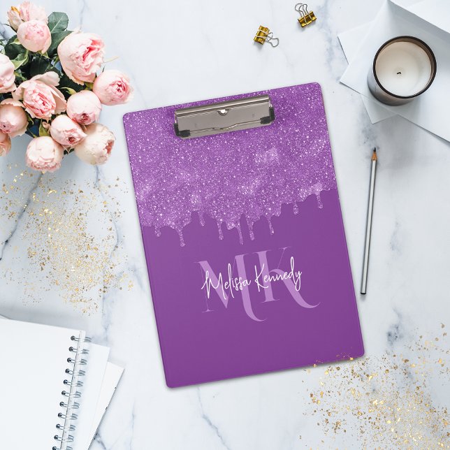 Chic Girly Purple Glitter Drips Monogram & Name  Clipboard (Creator Uploaded)