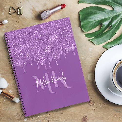 Chic Girly Purple Glitter Drips Monogram  Name  Notebook
