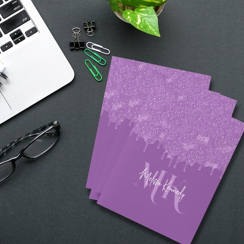 Chic Girly Purple Glitter Drips Monogram  Name  Pocket Folder