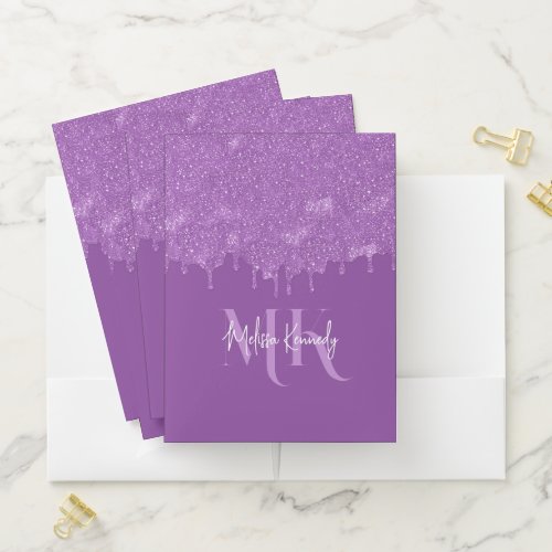 Chic Girly Purple Glitter Drips Monogram  Name  Pocket Folder