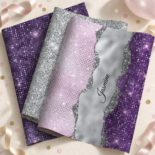 Chic Girly Purple Silver Glitter Monogram Wrapping Paper Sheets