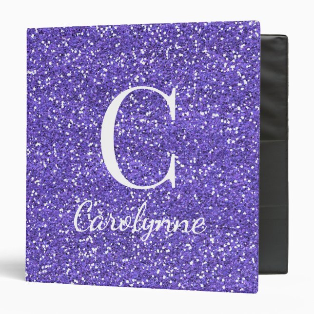 Chic Girly Purple Sparkle Glitter Monogram 3 Ring Binder (Front/Inside)