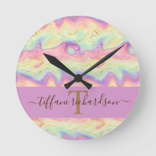 Chic Girly Rainbow Gold Agate Geode Round Clock