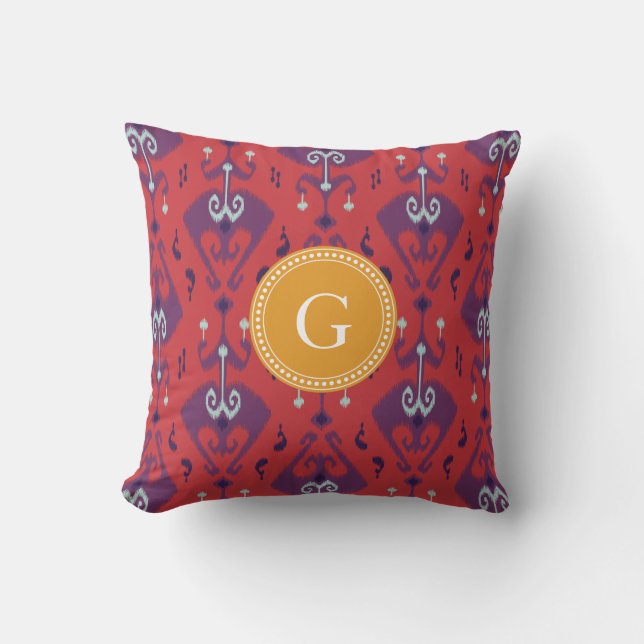 Chic girly red ikat tribal pattern monogram throw pillow (Front)