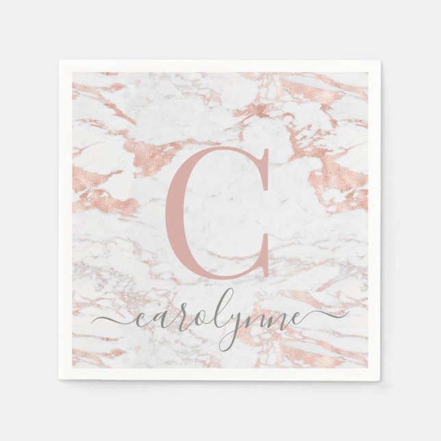 Chic Girly Rose Gold Foil | Marble Monogram Napkins (Front)