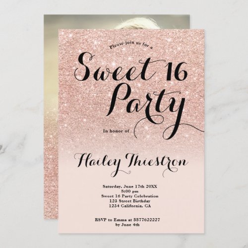 Chic girly rose gold glitter ombre photo Sweet 16 Invitation